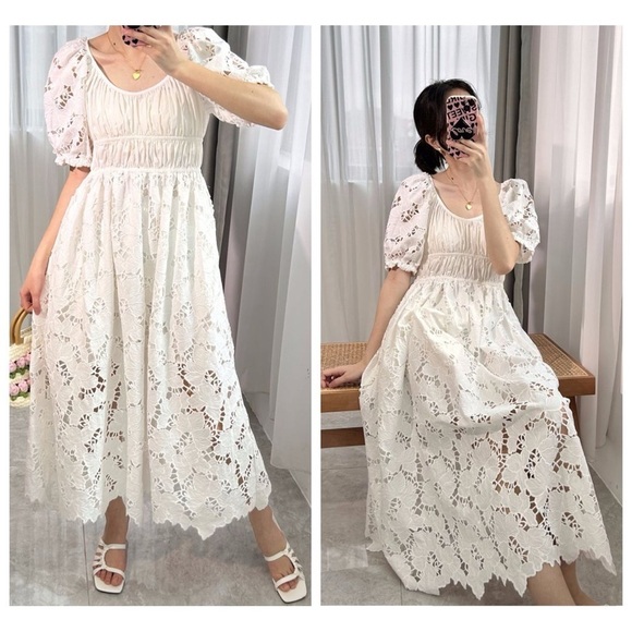 Self-Portrait White Flared Lace Midi Dress size 0 Bride Bridal Wedding Cocktail - Picture 4 of 16